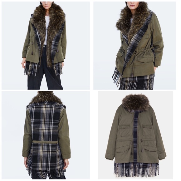 ZARA CONTRAST CHECKED FAUX FUR PARKA COAT JACKET NEW WITH TAGS SIZE XS KHAKI - Picture 8 of 13